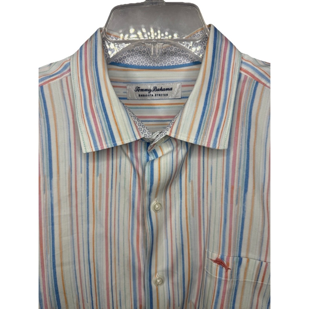 Tommy‎ Bahama Sarasota Stretch Mens Large Blue White Pink Long Sleeve Button Up